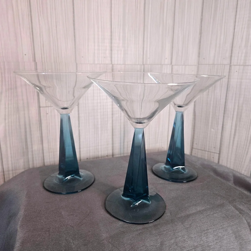 (3) Bombay Sapphire Gin Collection Martini Glass Blue Square Tapered Stem 6.75